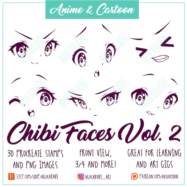 30 Procreate Face Stamps, Anime Eyes Brush Pack for Procreate, Eyebrow Brushes, Chibi Faces, Guide Brushes, Anime Faces, Cartoon Portrait