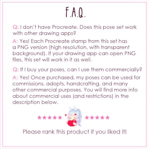 Pu&ograve; includere: Un'illustrazione digitale rosa e bianca di una sezione FAQ con domande e risposte sull'utilizzo dei timbri Procreate in altre app di disegno e sull'uso commerciale. Il testo include le domande: "Non ho Procreate. Questo set di pose funziona con altre app di disegno?" e "Se acquisto le tue pose, posso usarle a scopo commerciale?"