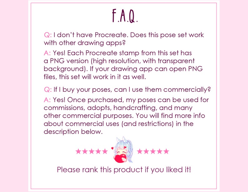 Pu&ograve; includere: Un'illustrazione digitale rosa e bianca di una sezione FAQ con domande e risposte sull'utilizzo dei timbri Procreate in altre app di disegno e sull'uso commerciale. Il testo include le domande: "Non ho Procreate. Questo set di pose funziona con altre app di disegno?" e "Se acquisto le tue pose, posso usarle a scopo commerciale?"