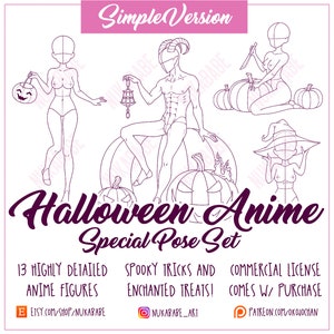 13 carimbos de Halloween Procreate, pincéis de Halloween Procreate, base de anime, pincel de anime Procreate, conjunto de poses de anime, carimbo de pose Procreate