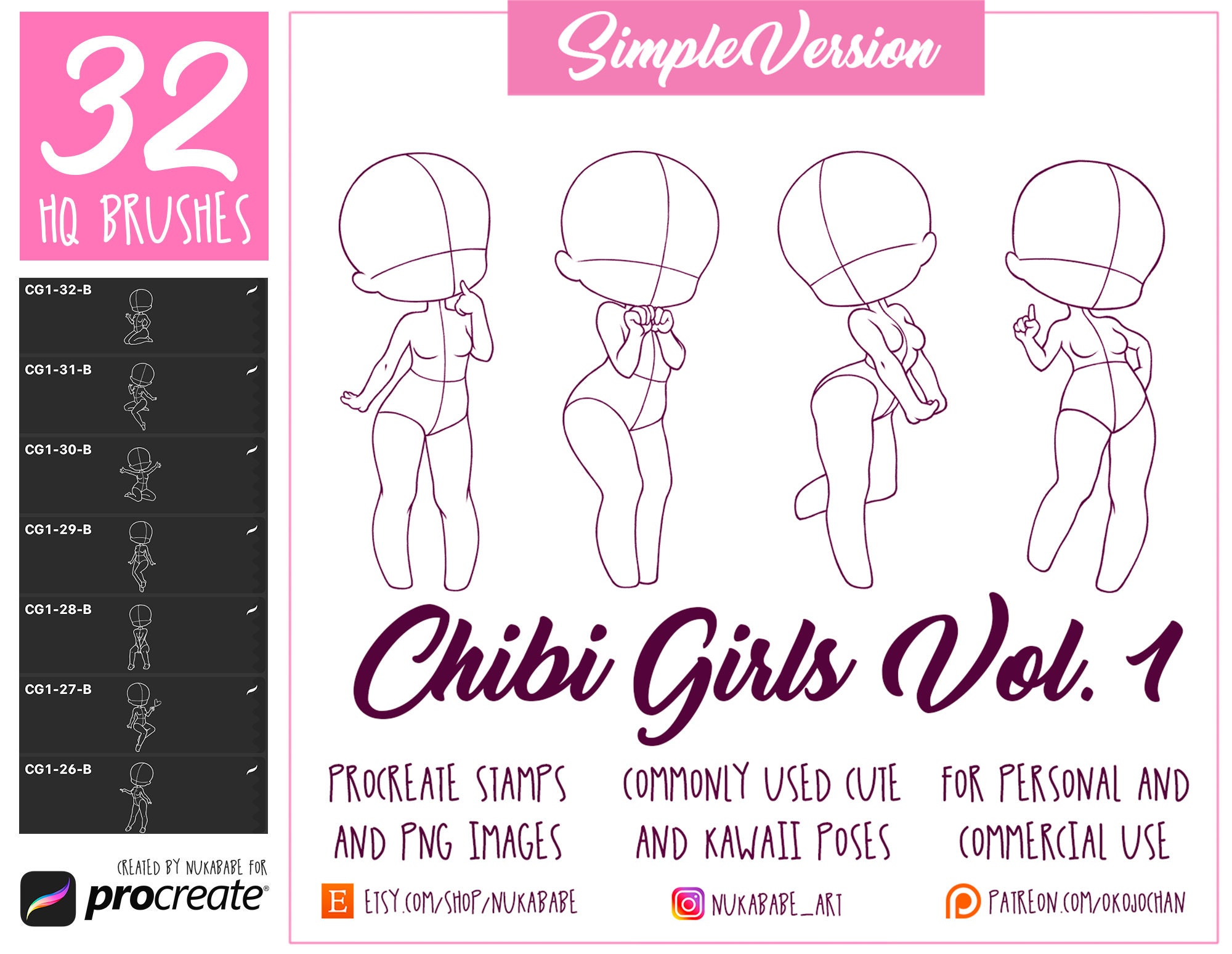 Female Figures Stamps Brushes For Procreate, Guide Brushes, Chibi Base Set,  Figure Cartoon Brushes for Fashion Illustration