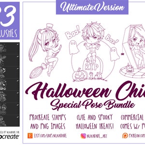 May include: A set of 33 high-quality Procreate brushes featuring Halloween-themed chibi characters in various poses. The brushes are designed for use with the Procreate app and include a commercial license. The image also includes links to the artist's Etsy and Patreon pages.