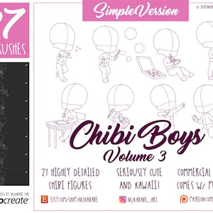 27 Procreate Chibi Brushes, Male Body Poses, PNG Chibi Stamps, Chibi Bases, Guide Brushes, Figures with Portrait Guides, Character Template