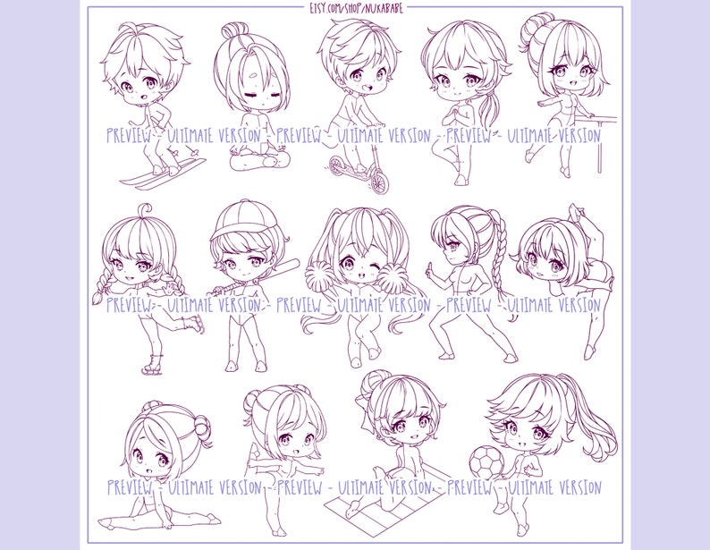 34 Chibi Figure Stamps Brushes: Anime Poses for Procreate (PNG) - Etsy