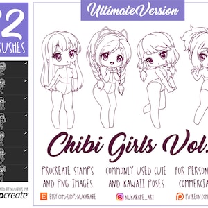 Pennelli per timbri con figure femminili per Procreate, pennelli guida, set base Chibi, pennelli per cartoni animati con figure