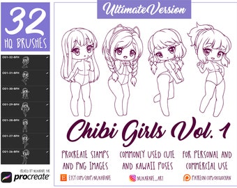Pose di figure femminili Chibi: timbri e pennelli Procreate
