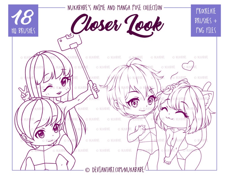 Pu&ograve; includere: Un set di 18 pennelli digitali per Procreate che presentano personaggi di anime e manga in varie pose. I personaggi sono disegnati in uno stile carino e chibi, e sono perfetti per creare illustrazioni, fumetti e altre opere d'arte digitali.