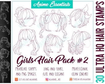 Chibi Hair Stamps: Procreate Anime Hairstyles Brushes (PNG)