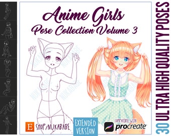Procreate Anime Female Figure Stamps: Portrait Pose Brushes (PNG)