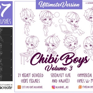 27 Procreate Chibi Stamps: Male Poses, Manga Hair, Anime Eyes (Brushset)