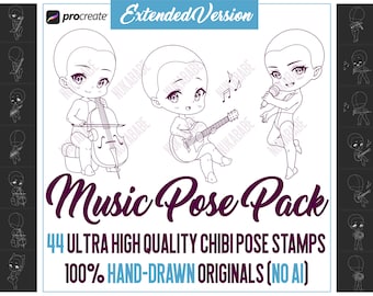 Procreate Chibi Stamps: Music Pose Pack, Anime Character Template (PNG)