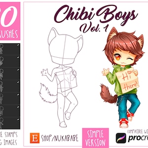 Procreate Chibi Brushes, Male Body Poses, PNG Chibi Stamps, Chibi Bases, Guide Brushes, Figuren mit Portrait Guides, Character Template