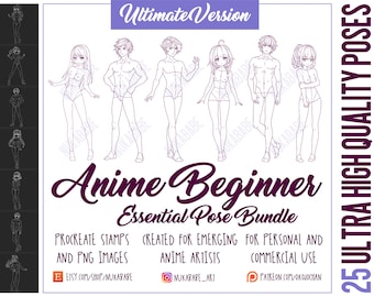25 Anime Procreate Brushes, Anime Beginner Procreate Brush Set, Body Stamps for Procreate, Drawing References, Figure Stamps, P2U Base PNG