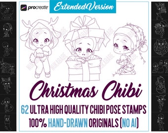 Christmas Procreate Stamps Chibi, Procreate Brushes, Chibi Brushes, Anime Brushes, Anime Outline Procreate, Poses Stamps for Procreate