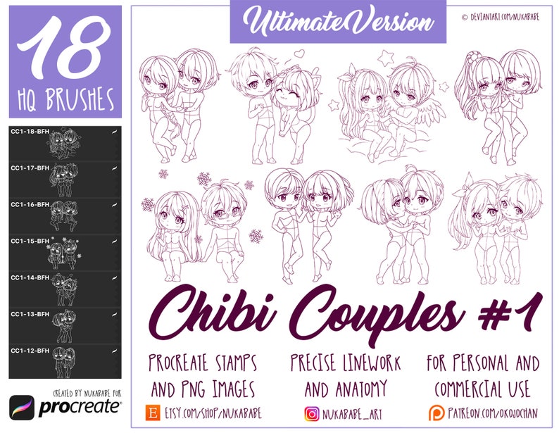 Pu&ograve; includere: Un set di 18 illustrazioni digitali di coppie chibi in varie pose. Le illustrazioni sono in bianco e nero e sono progettate per l'uso in Procreate. Il testo "Chibi Couples #1" &egrave; visualizzato in un carattere viola.
