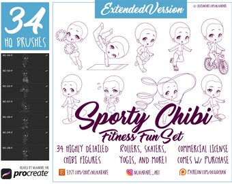 34 Sporty Chibi Poses Procreate Brushes: Athlete Stamps (PNG Included)