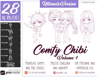 Chibi Figures Stamps Brushes For Procreate, Cozy Character Templates, Guide Brushes, Chibi Base, Body Poses Brushes, Anime Eyes, Manga Hair