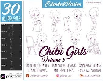 30 Procreate Female Chibi Stamps: Anime Girl Pose Template (Extended Version)