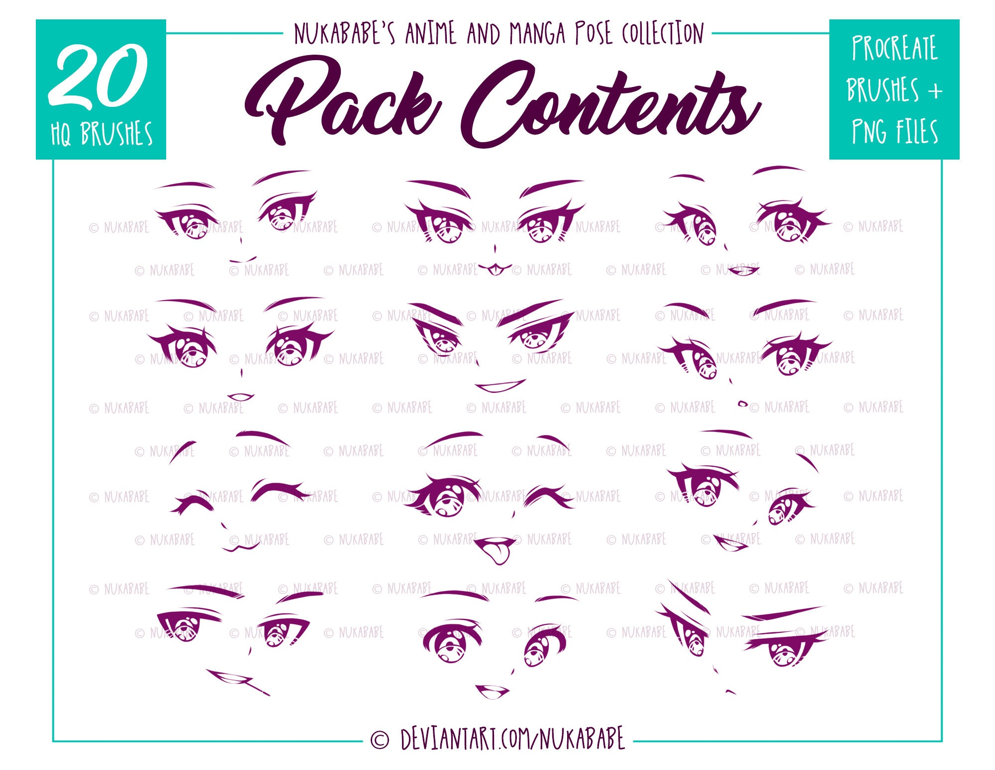 Procreate Anime Face Stamps: Chibi Eyes, Cartoon Portrait Brushes (PNG ...