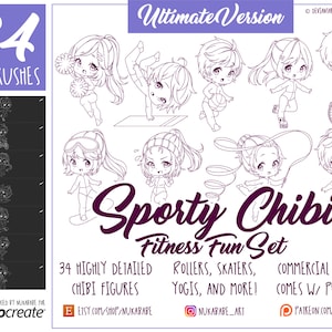 34 Chibi Figure Stamps Brushes: Anime Poses for Procreate (PNG)