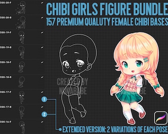 Puede incluir: Una ilustración digital de una chica chibi con cabello rubio y ojos verdes. Lleva una falda verde, un suéter blanco y rosa y zapatos marrones. La imagen está sobre un fondo negro con un patrón de cuadrícula. El texto "CHIBI GIRLS FIGURE BUNDLE 157 PREMIUM QUALITY FEMALE CHIBI BASES" está en la parte superior de la imagen. El texto "EXTENDED VERSION: 2 VARIATIONS OF EACH POSE" está en la parte inferior de la imagen.