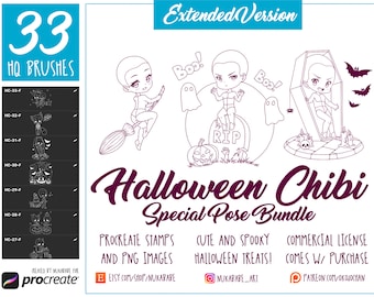 Halloween Chibi Stamps: Procreate Brushes, Anime Poses (PNG)