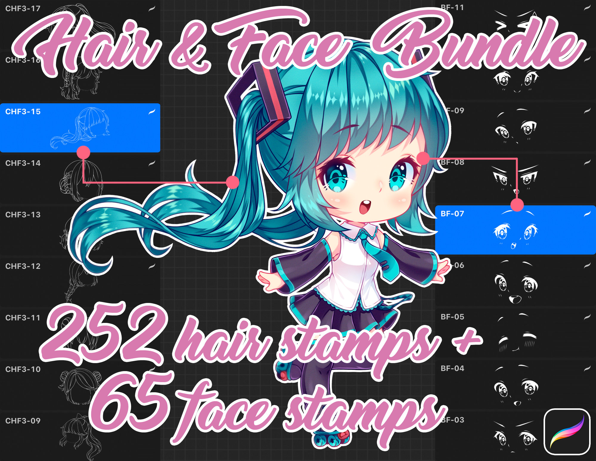 Paquete de 317 sellos de cabello y pinceles de rostro chibi para Procreate | Peinados anime, emotes, avatares