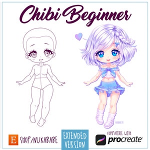 May include: A digital illustration of a chibi character with a blue and white outfit, a pink heart, and the text "Chibi Beginner" and "48 ULTRA HIGH QUALITY POSES".
