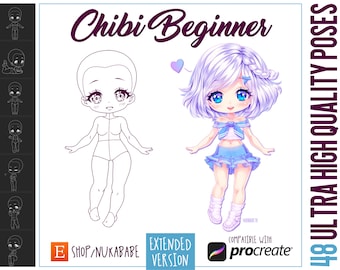 48 Chibi Procreate, Procreate Chibi Poses Stamps, Poses Stamps for Procreate, Drawing References, Chibi Poses, Body Stamps, Guide Brushes