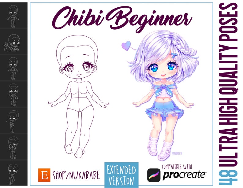May include: A digital illustration of a chibi character with a blue and white outfit, a pink heart, and the text "Chibi Beginner" and "48 ULTRA HIGH QUALITY POSES".