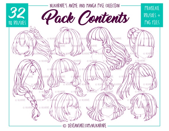 Procreate Manga Hairstyles Stamps. Anime Girl Hairstyle Stamp 