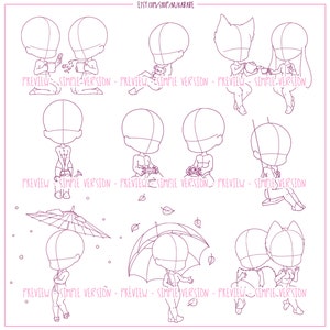 May include: A set of nine line art illustrations of chibi characters in various poses. The characters are all in simple, basic poses, with no facial features or clothing details. The illustrations are perfect for use in digital art, crafts, or other creative projects.