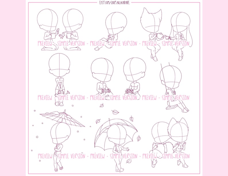 May include: A set of nine line art illustrations of chibi characters in various poses. The characters are all in simple, basic poses, with no facial features or clothing details. The illustrations are perfect for use in digital art, crafts, or other creative projects.
