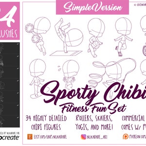 34 pinceaux Chibi Procreate, tampons Chibi pour procréer, poses sportives, crampons pour athlètes, tampons poses chibi, base chibi, tampons sport