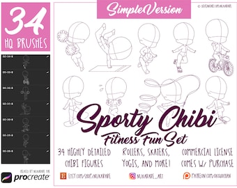 34 Sport Chibi Procreate Brushes: Athlete Poses (PNG)
