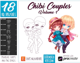 Procreate Chibi Couple Poses Stamps: Manga Eyes, Valentine's Template
