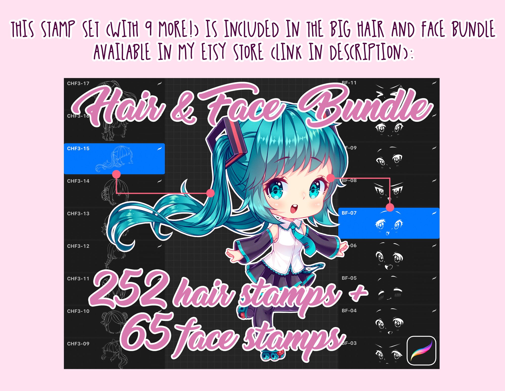 Procreate Anime Face Stamps: Chibi Eyes, Cartoon Portrait Brushes (PNG ...