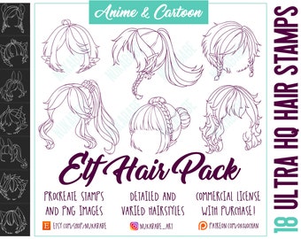 Procreate Hair Stamps: Chibi Elf Hairstyles (PNG)
