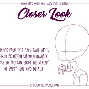 May include: Line art illustration of a chibi character holding a potted plant. The illustration is in black and white and has a simple style. The text "Closer Look" is at the top of the image. The text "STAMPS FROM THIS PACK SCALE UP TO 3800 PX HEIGHT WITHOUT QUALITY LOSS SO YOU CAN ENJOY THE BEAUTY OF EVERY LINE AND DETAIL!" is below the character.
