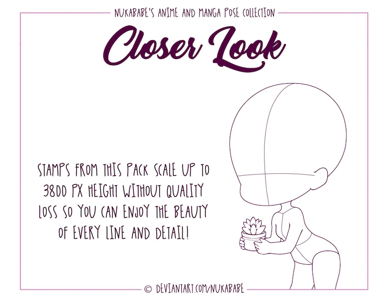 May include: Line art illustration of a chibi character holding a potted plant. The illustration is in black and white and has a simple style. The text "Closer Look" is at the top of the image. The text "STAMPS FROM THIS PACK SCALE UP TO 3800 PX HEIGHT WITHOUT QUALITY LOSS SO YOU CAN ENJOY THE BEAUTY OF EVERY LINE AND DETAIL!" is below the character.
