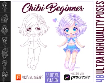 48 Procreate Chibi Brushes, Poses Stamps for Procreate, Chibi Stamps, Chibi Bases, Guide Brushes, Reference Sheet Bases, Character Template