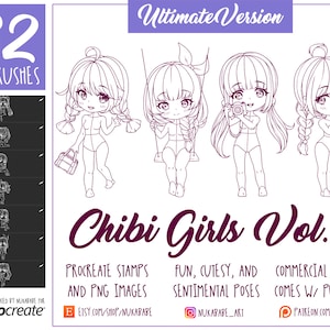 Chibi Base Procreate, Female Figures Stamps Brushes For Procreate, Guide Brushes, Chibi Pose, Figure Cartoon Brushes, Chibi Hair, Chibi Eyes