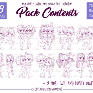 Pu&ograve; includere: Un set di 18 pennelli Procreate di alta qualit&agrave; che presentano adorabili coppie di anime e manga in varie pose. I pennelli sono progettati per l'uso con l'app Procreate e vengono forniti con file PNG.