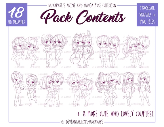 Procreate Chibi Poses Stamps, Couple Poses, Anime Figure Stamps, Manga Poses  With Eyes and Hair, Chibi Base, Guide Brushes, Valentine's Day 