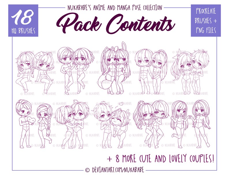 Pu&ograve; includere: Un set di 18 pennelli Procreate di alta qualit&agrave; che presentano adorabili coppie di anime e manga in varie pose. I pennelli sono progettati per l'uso con l'app Procreate e vengono forniti con file PNG.