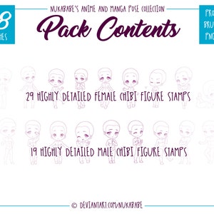 May include: A digital art pack containing 48 Procreate brushes and PNG files for creating anime and manga characters. The pack includes 29 female and 19 male chibi figure stamps.
