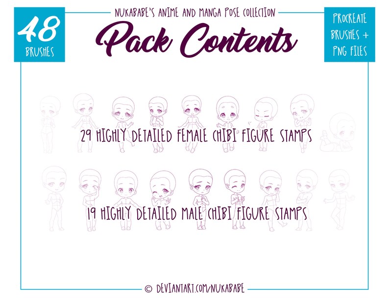 48 Chibi Poses Stamps for Procreate: Drawing Guide Brushes (extended ...