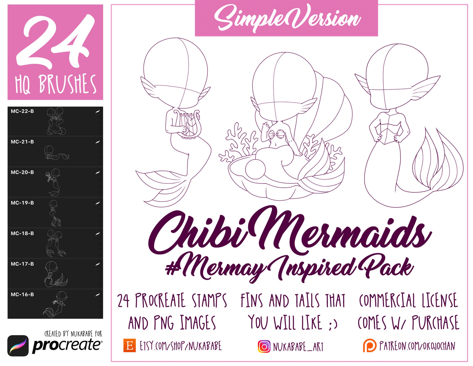 Procreate Mermaid Brushes, Mermaid PNG, Mermay, Female Figures Stamps Brushes Procreate, Guide Brushes, Chibi Base, Cartoon Brushes