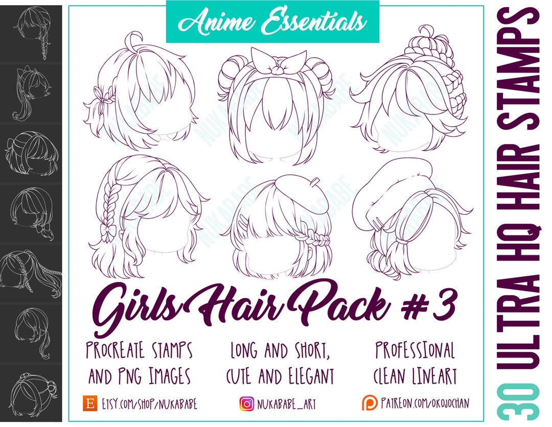56 Procreate Manga Hairstyles Stamps. Anime Girl Hairstyle 