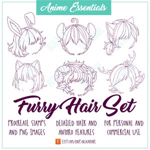 30 carimbos de cabelo Procreate, carimbos de Anthro peludos, escovas de cabelo Procreate, carimbos de penteado Procreate, orelhas peludas, orelhas de Neko, Kemonomimi